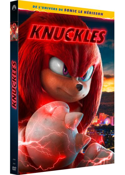 DVD-hoes van de film "Knuckles" met rood personage en stadslandschap als achtergrond.