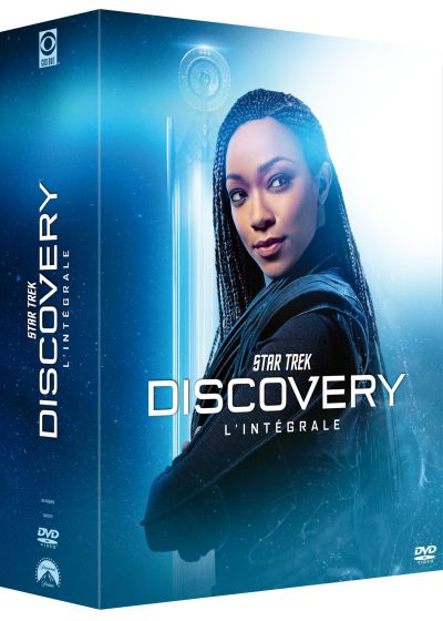Star Trek Discovery dvd-boxset. Toont een vrouw met vlechten op de cover. Blauwe achtergrond.