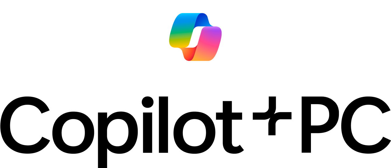 Copilot+PC-Logo. Das Logo zeigt ein mehrfarbiges Band über dem Text 'Copilot+PC'.
