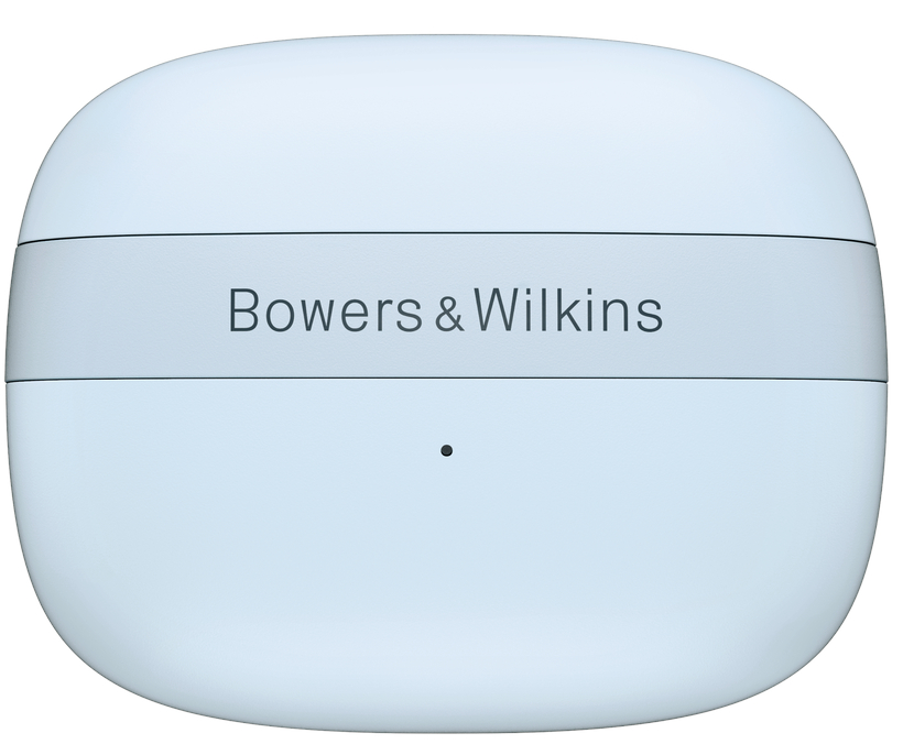 Jasnoniebieskie, zaokrąglone etui na słuchawki. Marka 'Bowers & Wilkins' jest nadrukowana na szarym pasku.