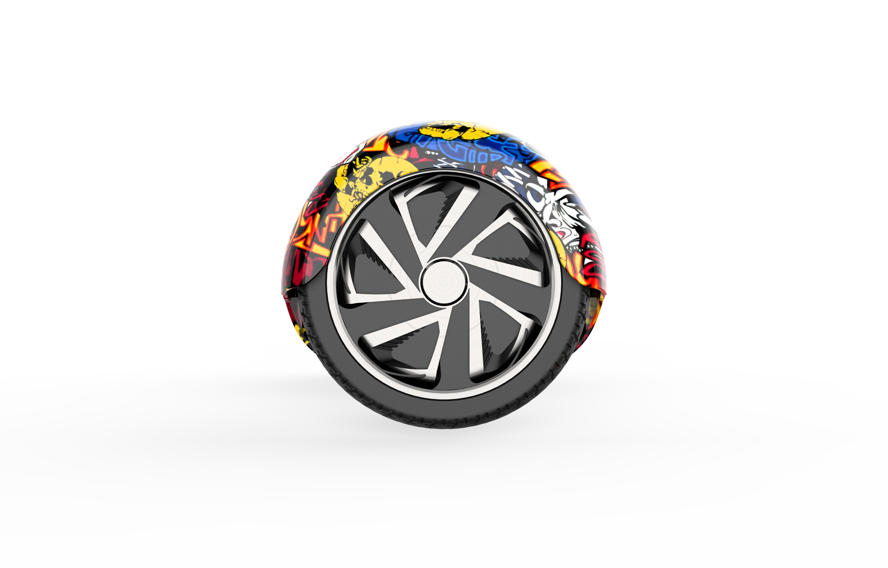 Ein Hoverboard-Rad, mit farbenfrohem Design, isoliert auf weißem Hintergrund.