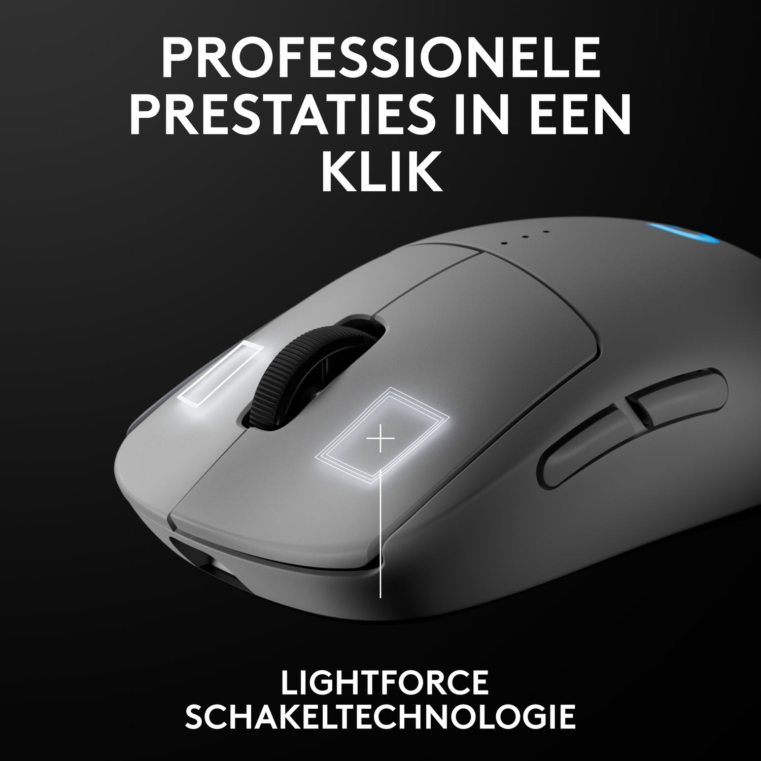 Een grijze draadloze muis met gemarkeerde knoppen en tekst: LIGHTFORCE SCHAKELTECHNOLOGIE.