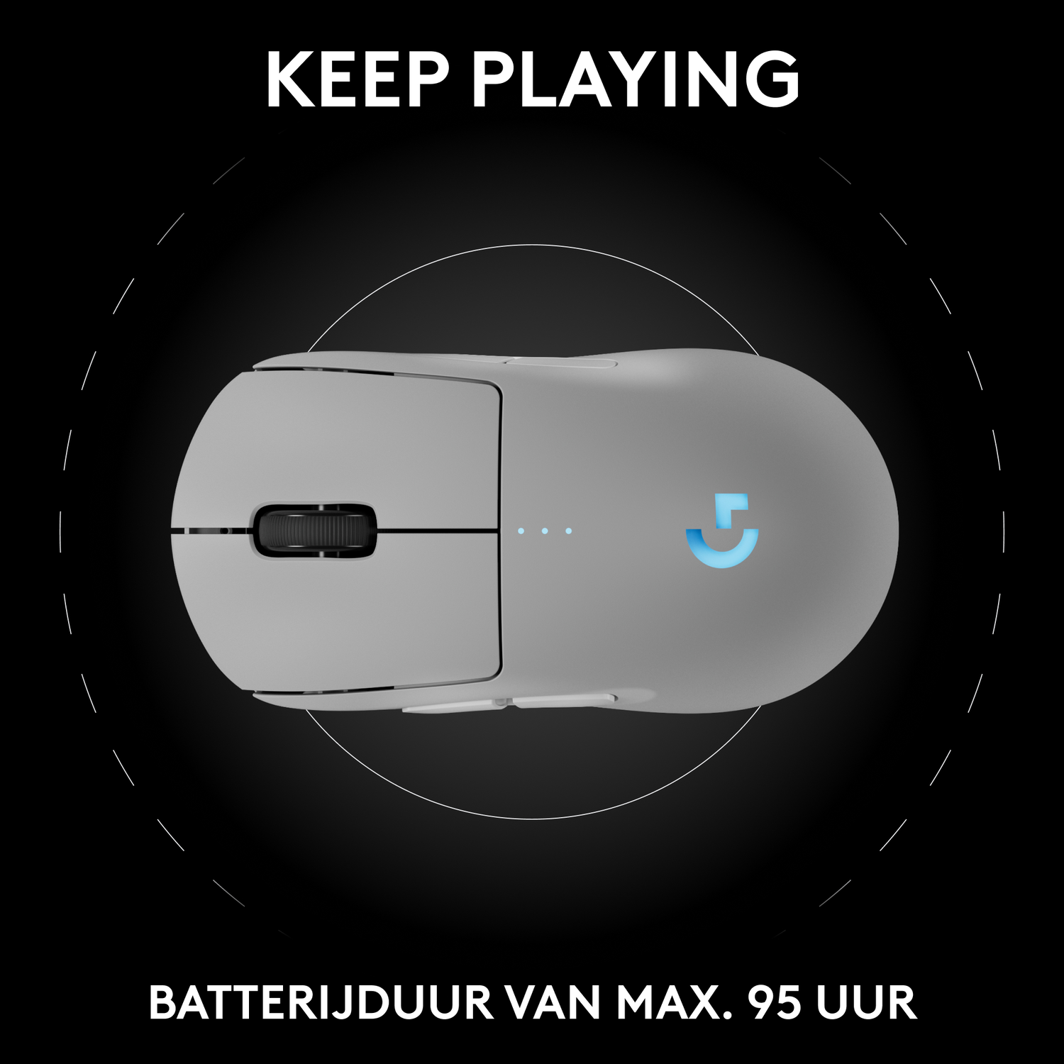 Grijze computermuis op zwarte achtergrond. Witte tekst zegt KEEP PLAYING en batterijduur info.