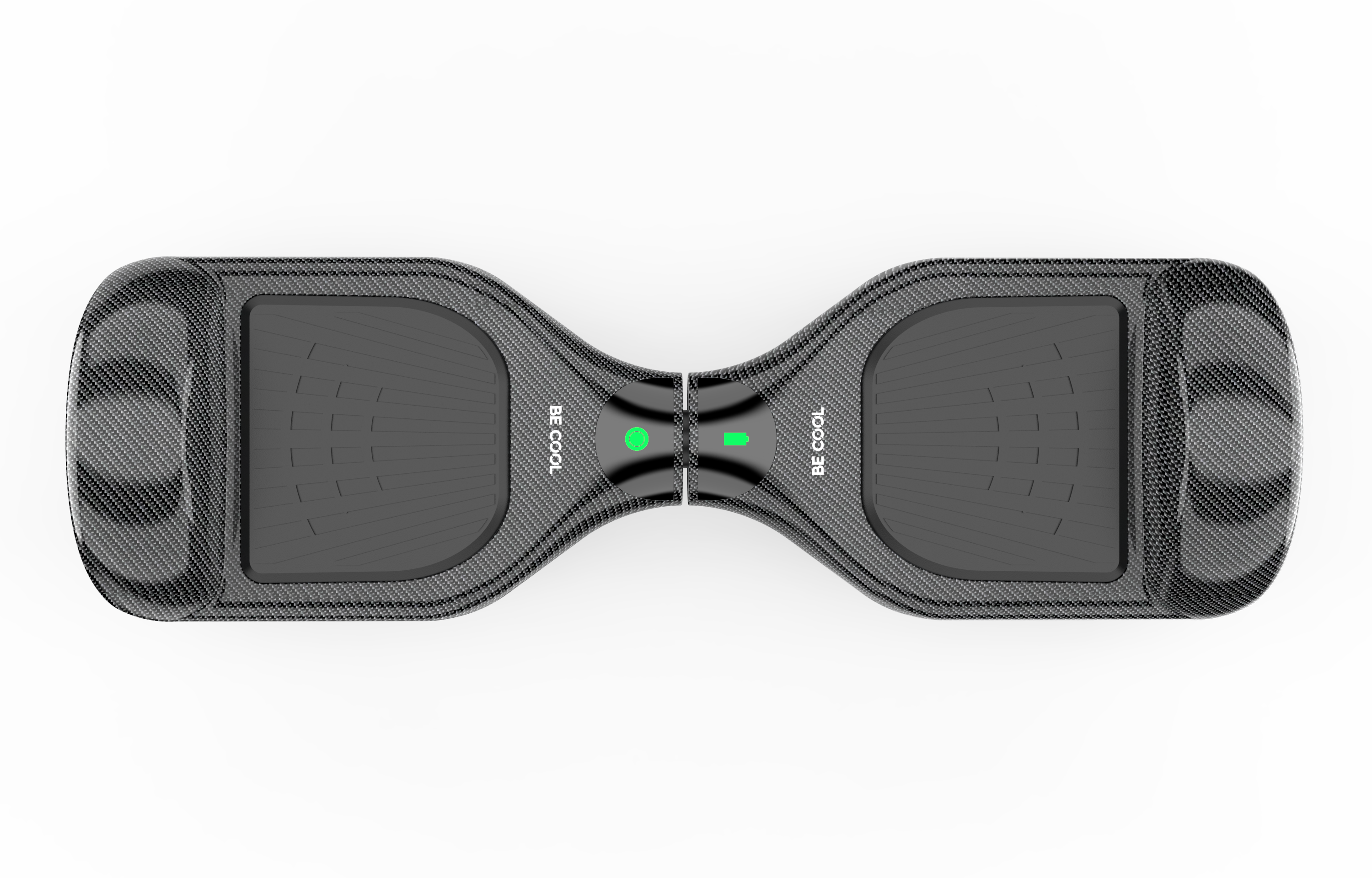 Ein schwarzes Hoverboard von oben gesehen mit den Worten 'BE COOL' darauf.