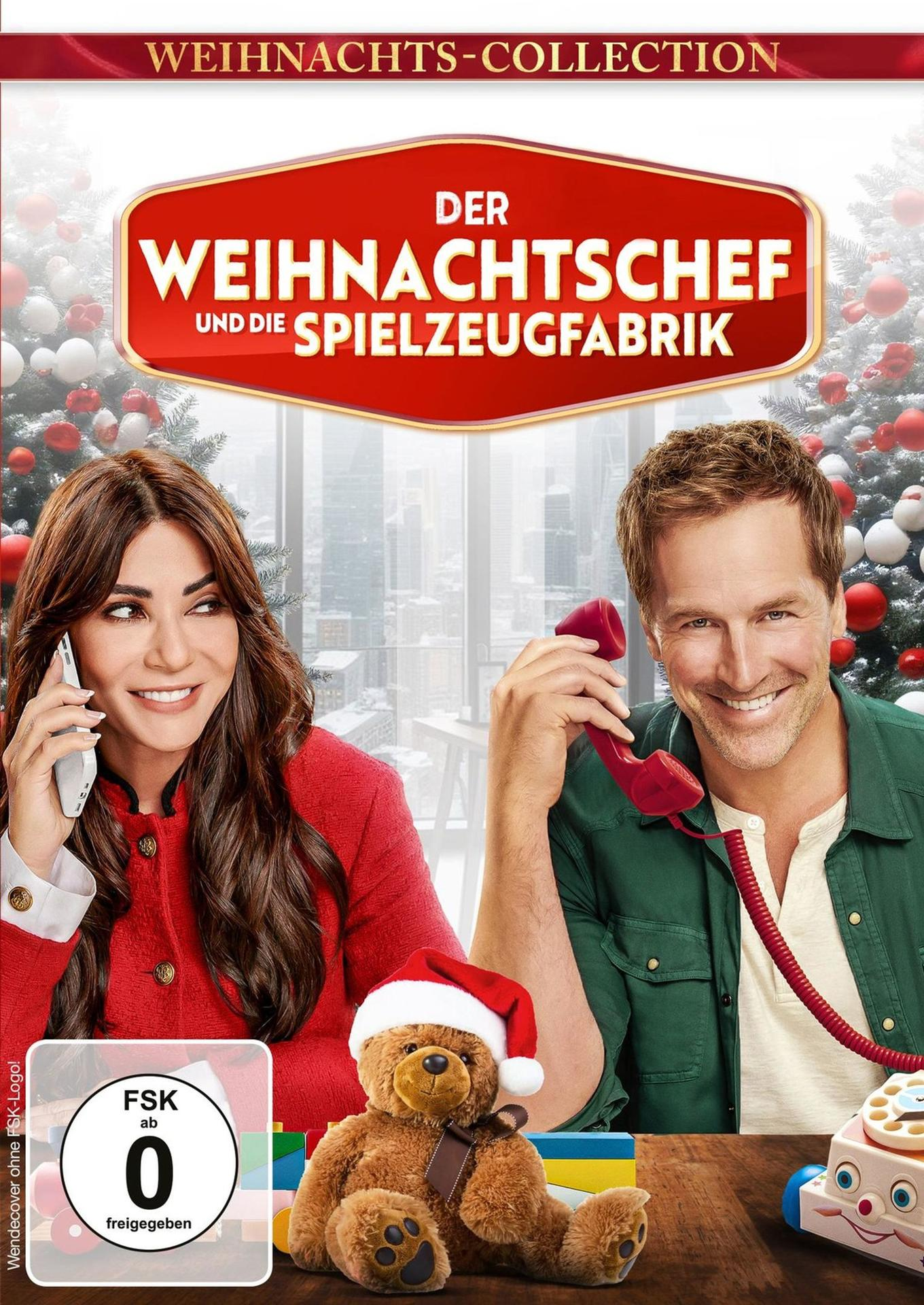 Filmcover: Ein Paar mit einem Teddybären am Telefon sitzt vor einem Weihnachtsbaum.