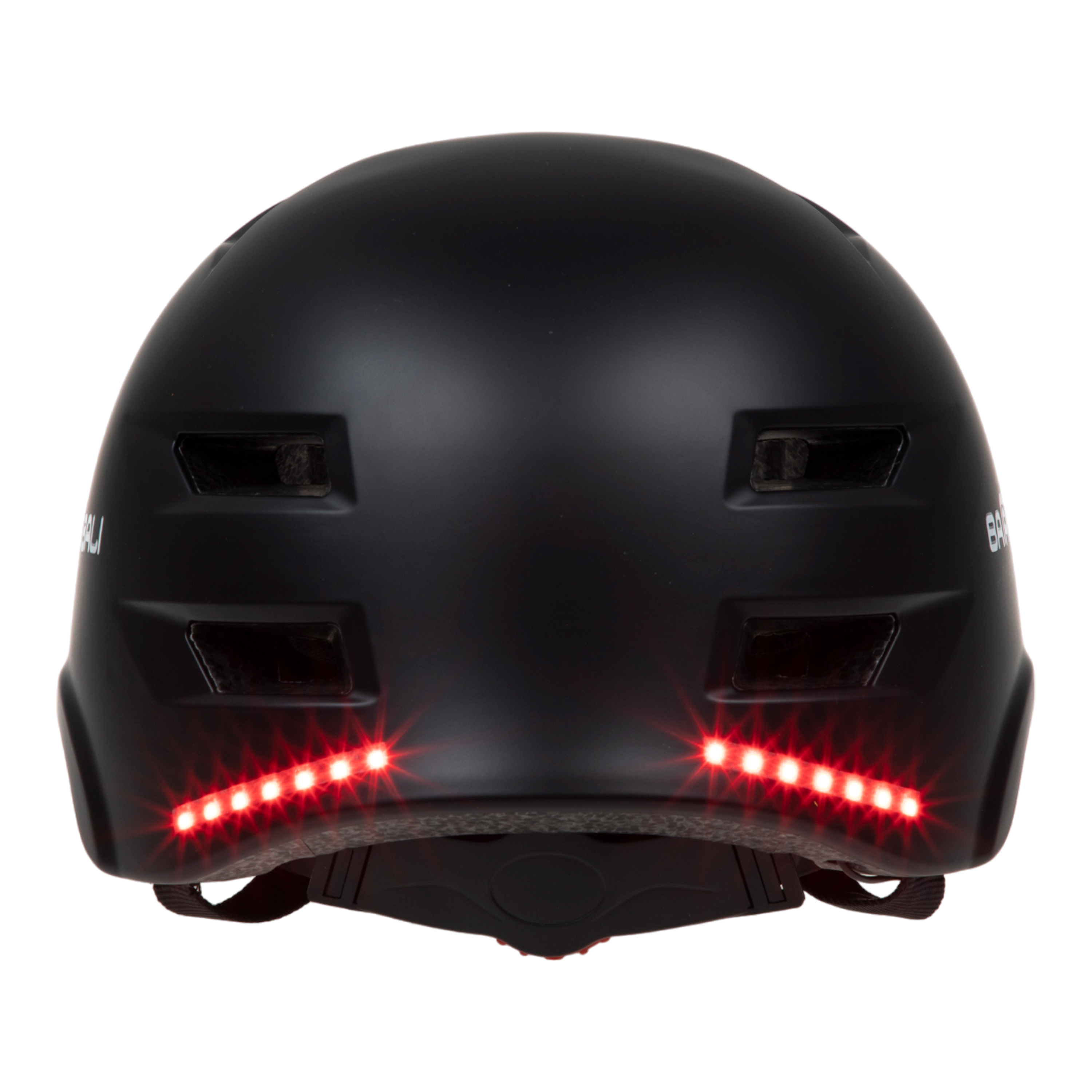 Schwarzer Fahrradhelm mit roten Lichtern auf weißem Hintergrund.