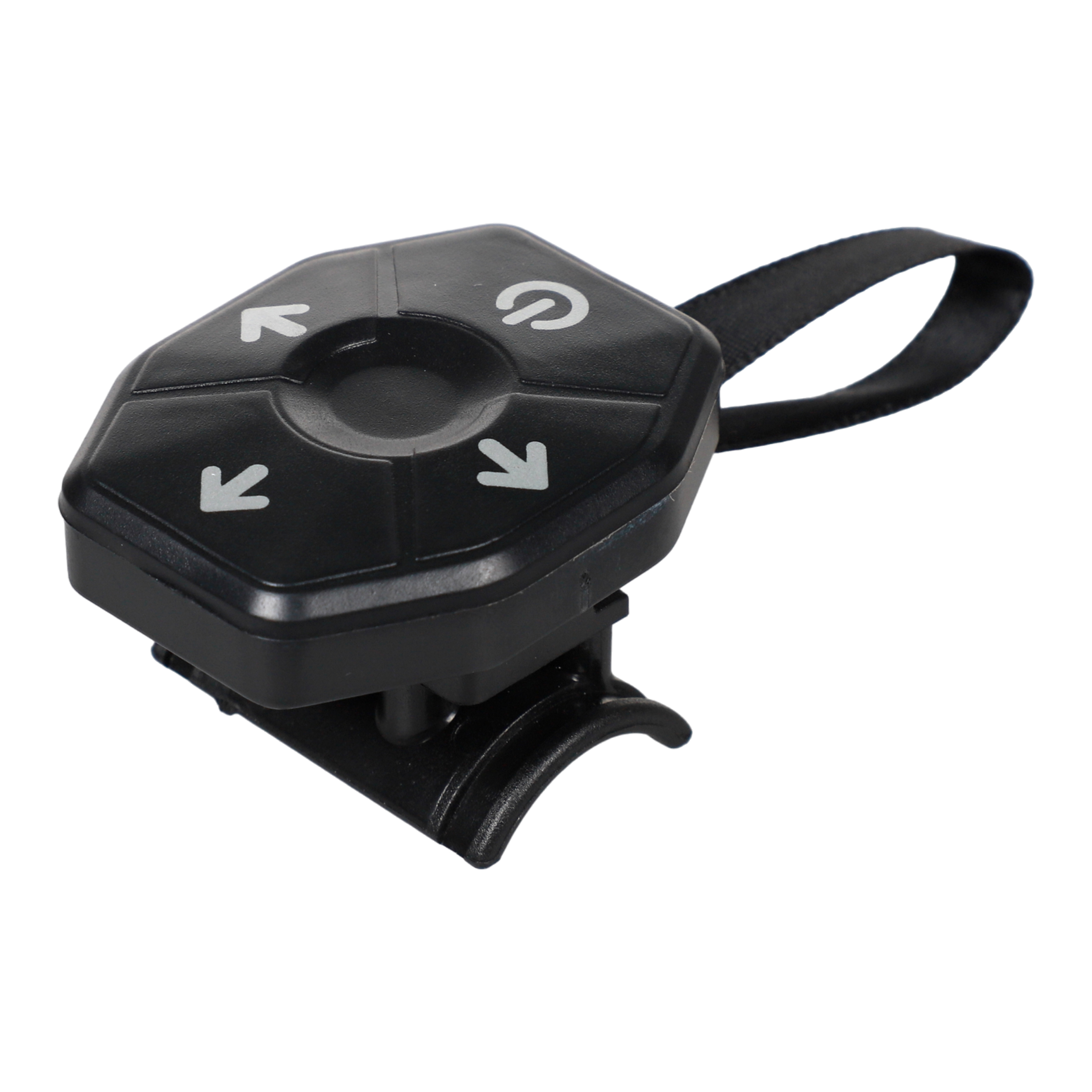 Schwarze Fernbedienung mit Pfeilen und einem Ein-/Ausschalter, an einem schwarzen Armband befestigt.