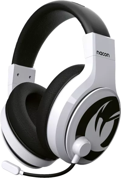 Fehér-fekete gamer headset. Mikrofonnal. Nacon logó az oldalán.