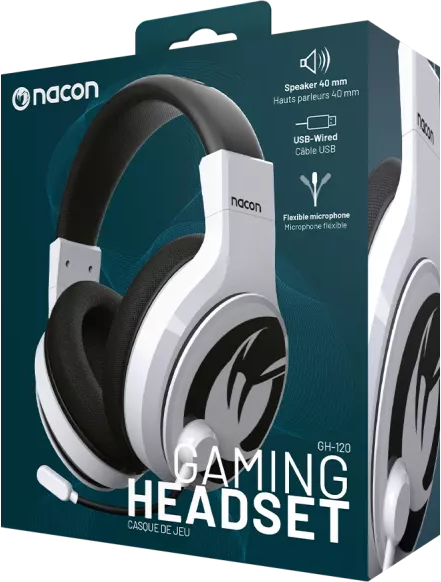 Fehér és fekete gamer headset. Tartalmaz egy mikrofont és egy dobozt.