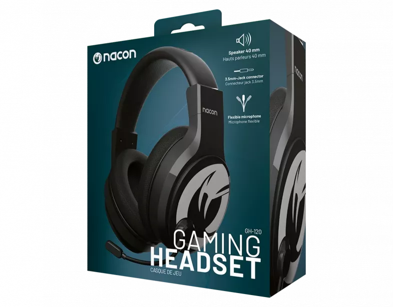 Gaming headset egy dobozban. A doboz fekete és türkiz, headset részletekkel.