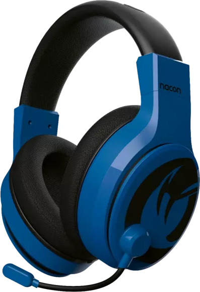 Kék Nacon gaming headset fekete fülkagylókkal és mikrofonnal, logó az oldalán.