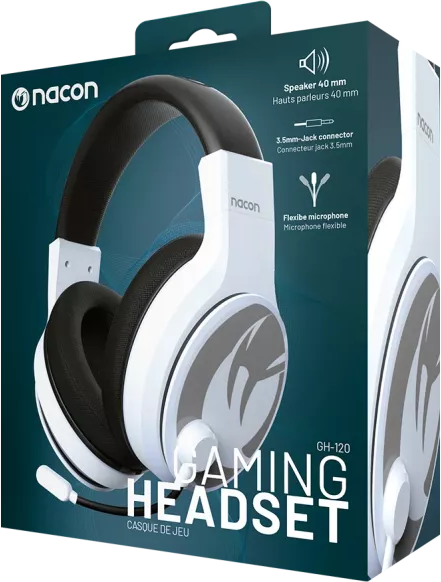 Fehér-fekete gaming headset egy dobozban, szöveggel és mikrofonnal.