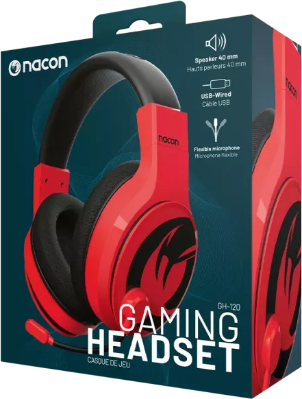 Piros-fekete gamer headset mikrofonnal, dobozban, szöveggel és ikonokkal.
