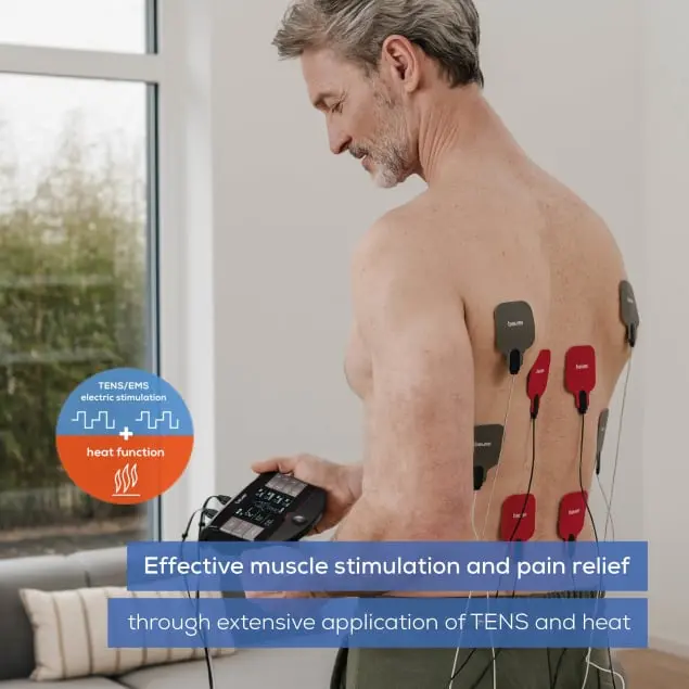 Uomo con dispositivo TENS/EMS sulla schiena. Testo: Stimolazione muscolare e sollievo dal dolore.