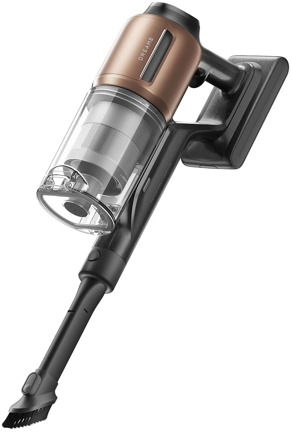 Kabelloser Staubsauger mit bronzefarbenem Motor und durchsichtigem Staubbehälter.