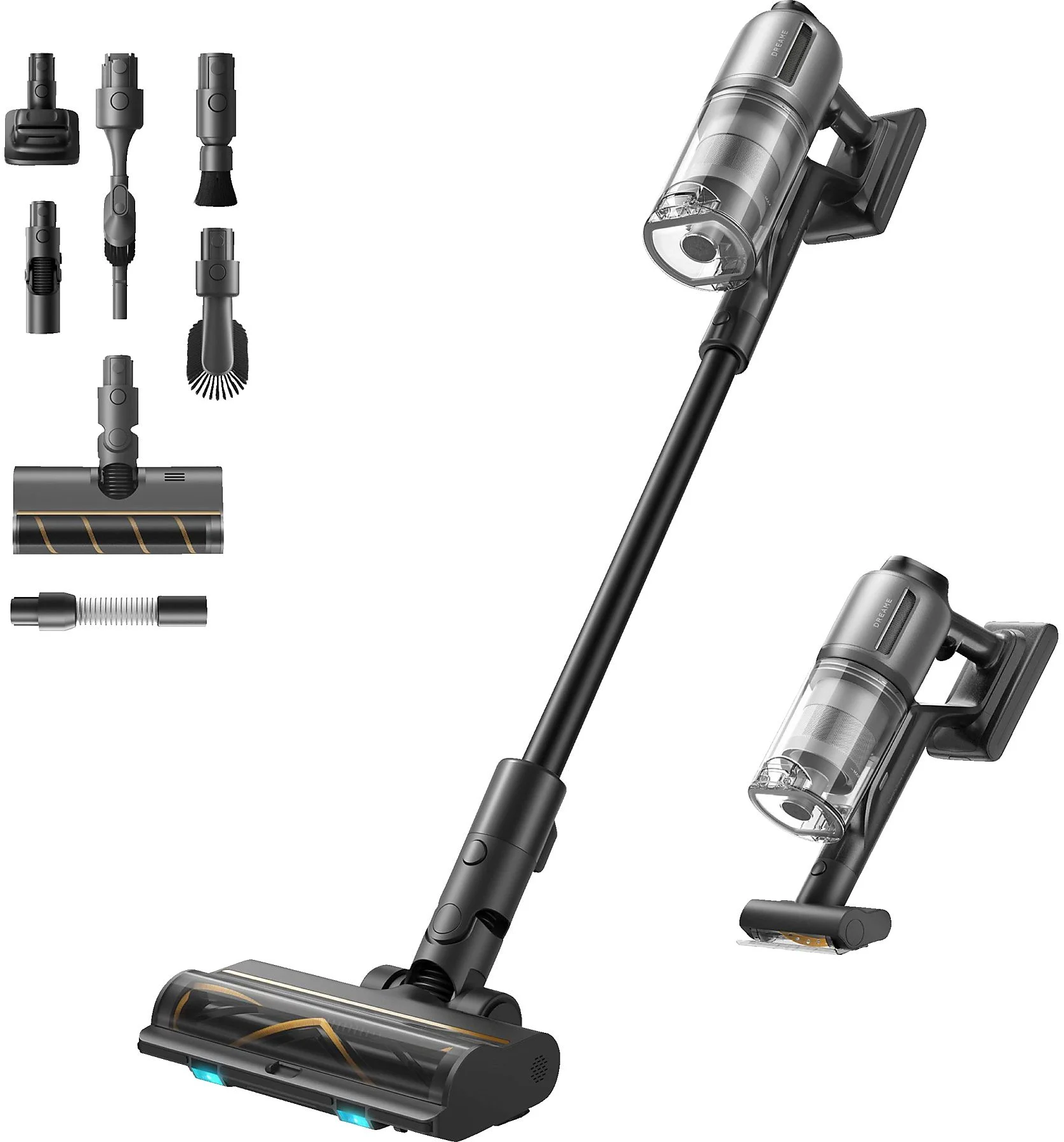 Un aspirateur sans fil noir et argenté avec divers accessoires, debout.