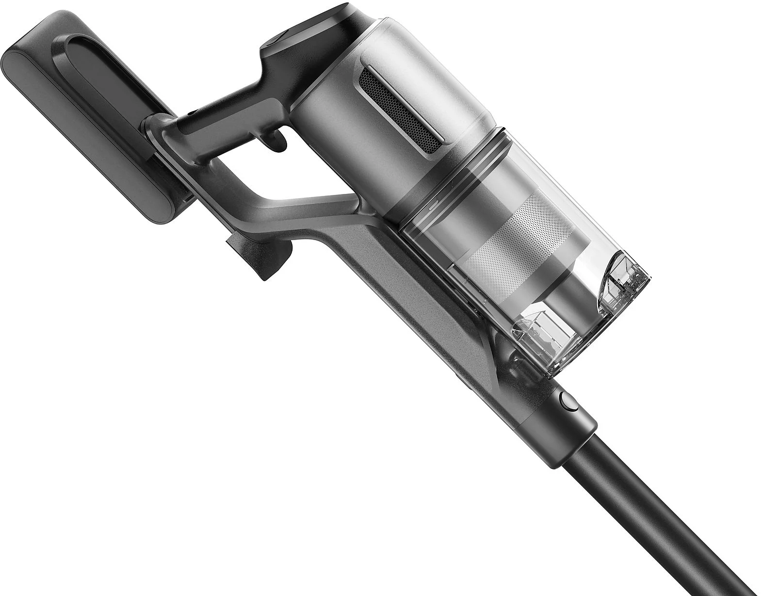 Un aspirateur sans fil gris. La poignée, le bac à poussière et la buse sont visibles.