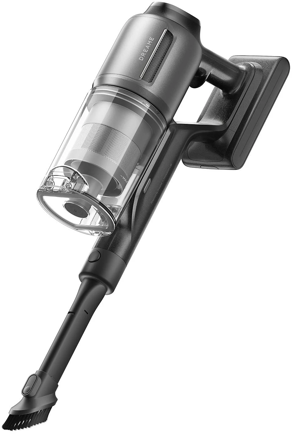 Un aspirateur sans fil, principalement gris et noir, sur fond blanc.