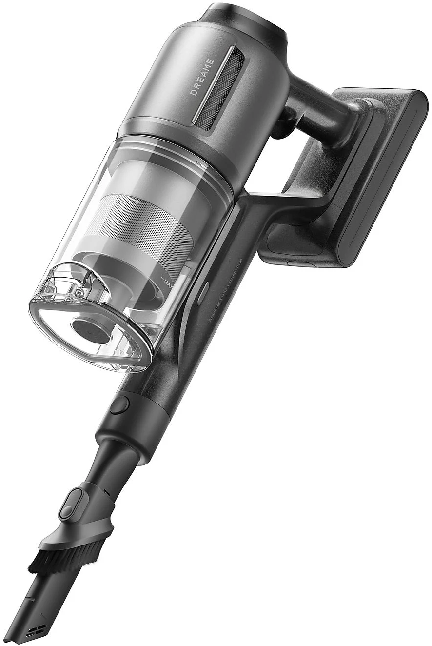 Un aspirateur à main sans fil avec un accessoire brosse. La marque est Dreame.
