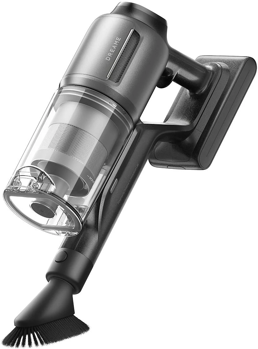 Aspirateur sans fil noir et gris avec un récipient à poussière transparent.