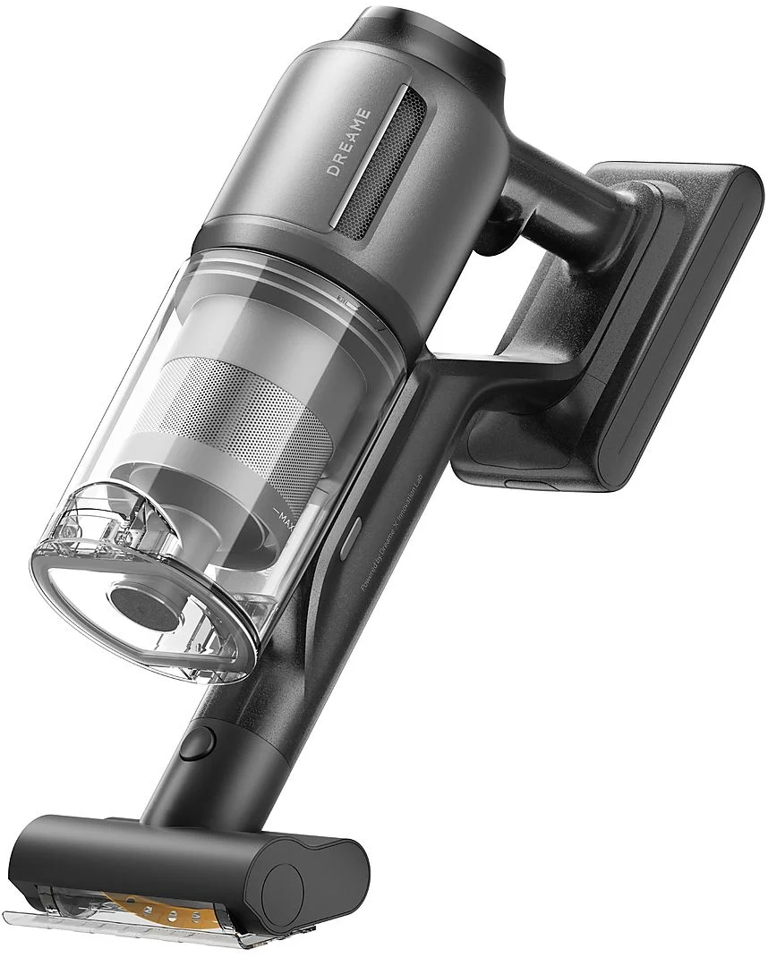 Aspirateur sans fil noir et gris avec un bac à poussière transparent.