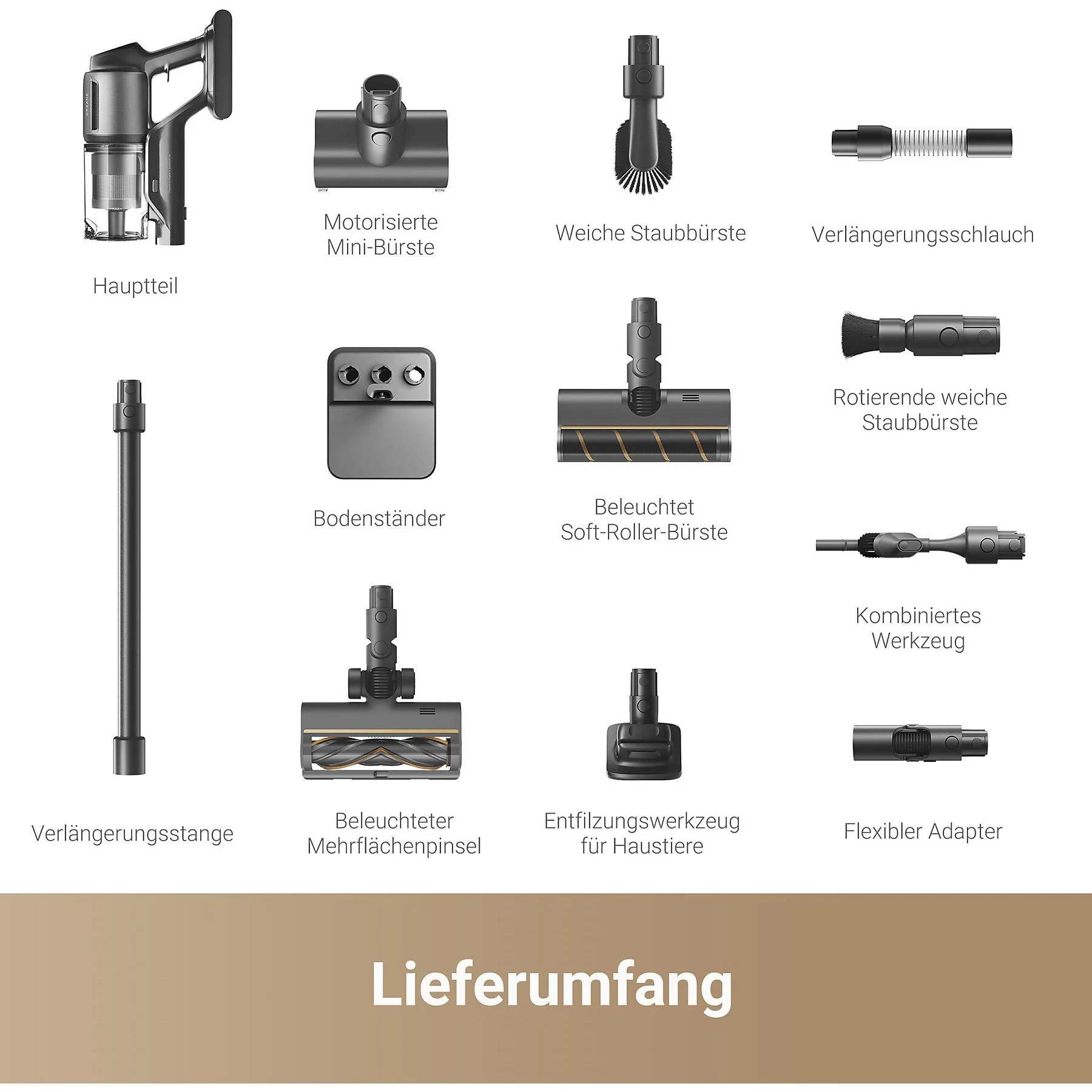 Accessoires d'aspirateur disposés, dont un corps principal, une mini-brosse, une brosse douce et divers outils.