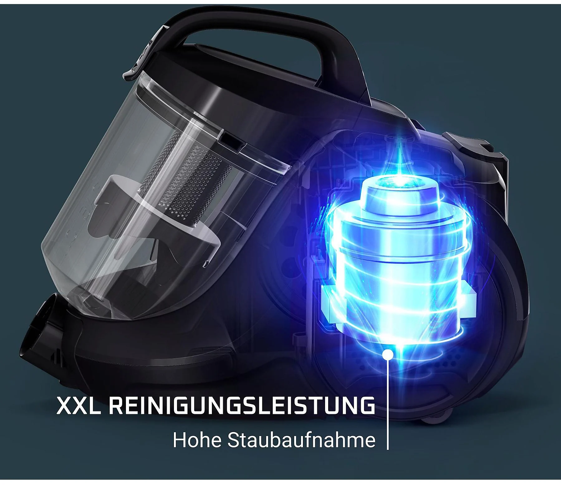 Schwarzer Staubsauger mit transparentem Staubbehälter und leuchtendem Detail.