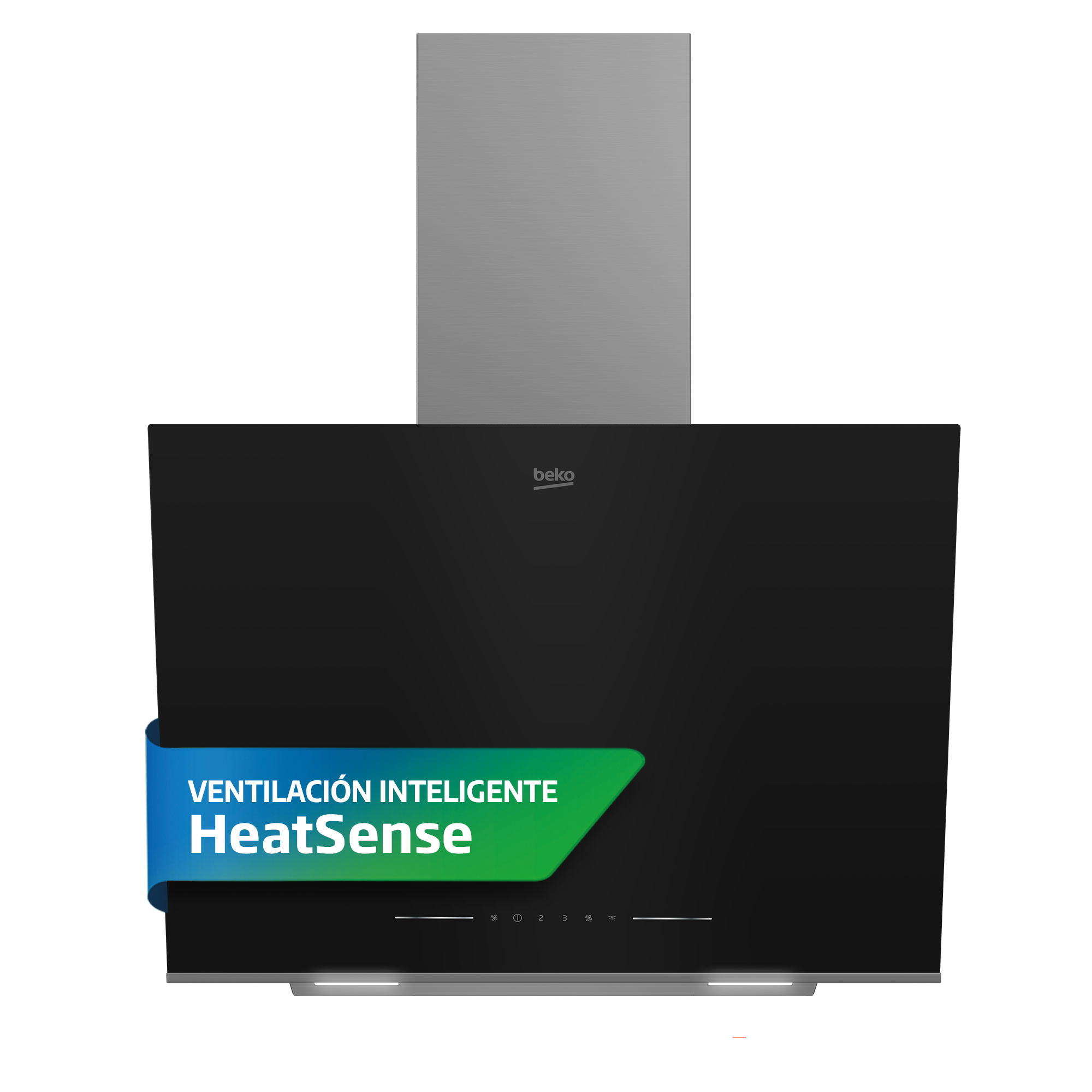 Campana extractora negra y plateada con el texto: HeatSense y Ventilación Inteligente.