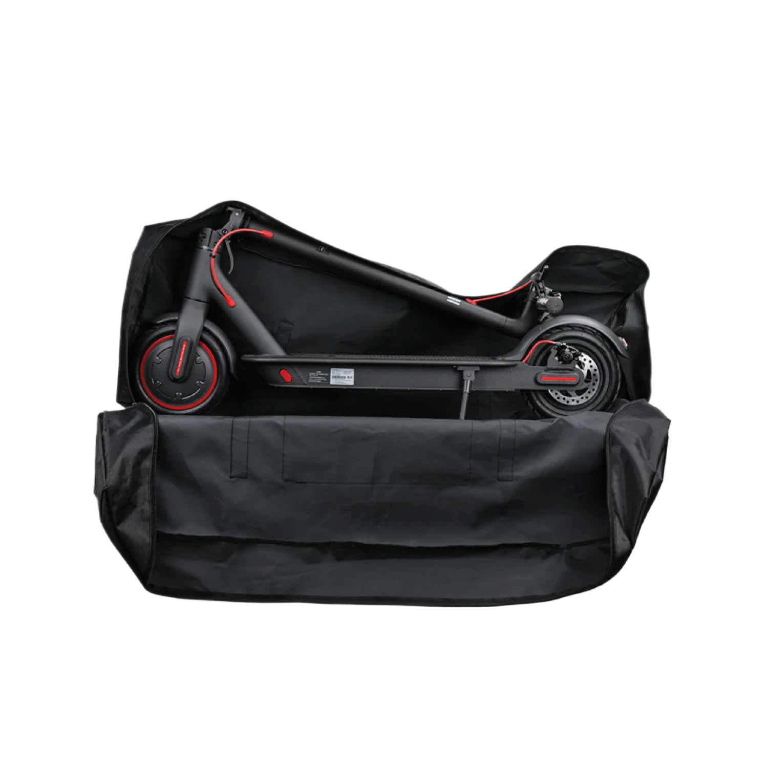 Zwarte scooter opgevouwen in een zwarte draagtas met rode details.