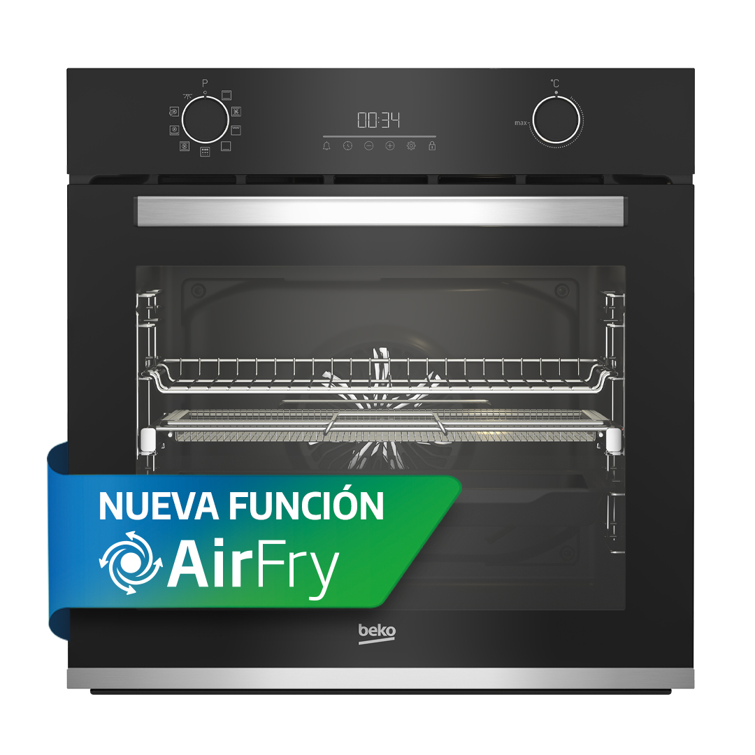 Un horno negro con una etiqueta verde y blanca que dice AirFry.