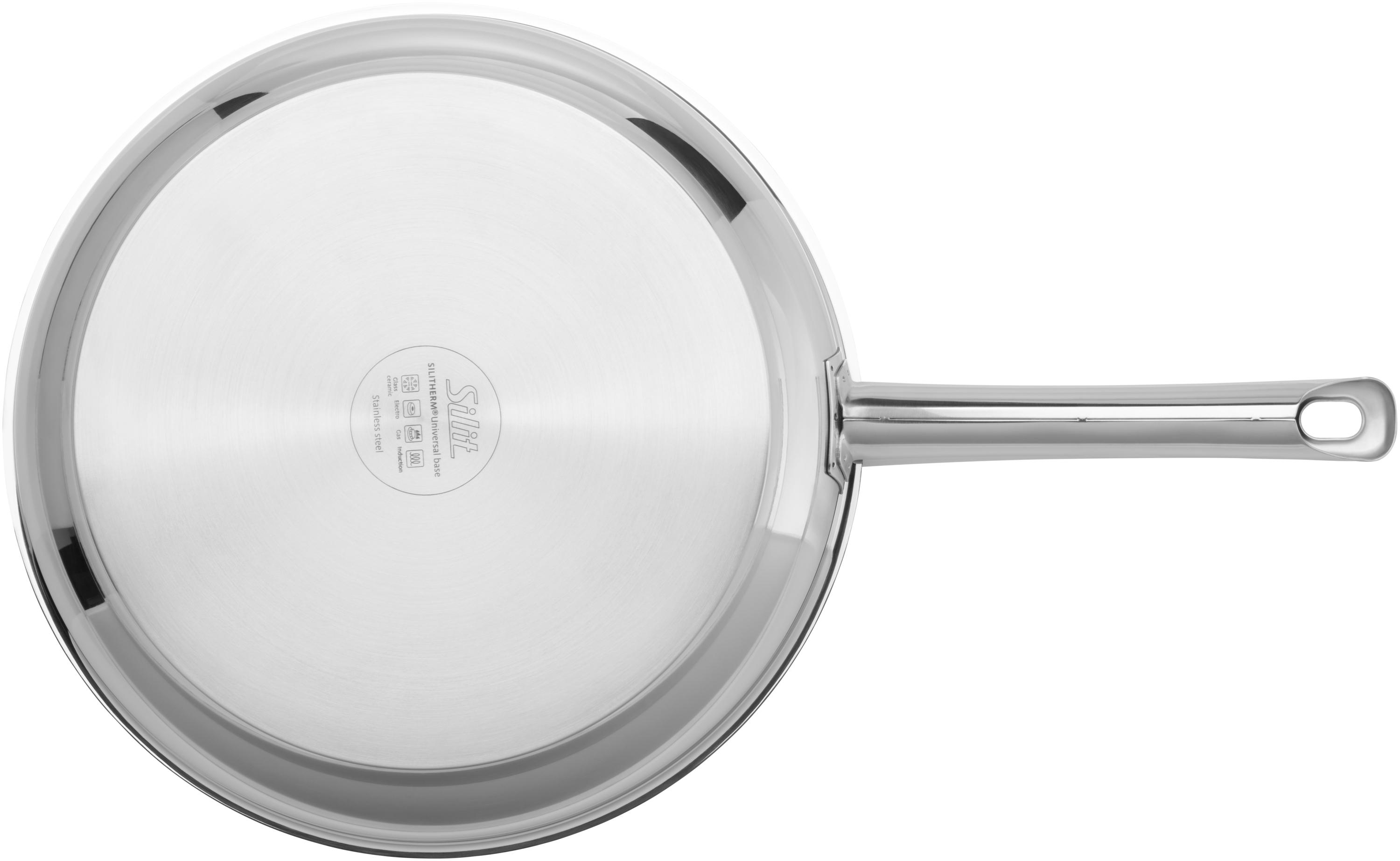 Edelstahl-Bratpfanne mit langem Griff. Der Boden der Pfanne ist sichtbar.