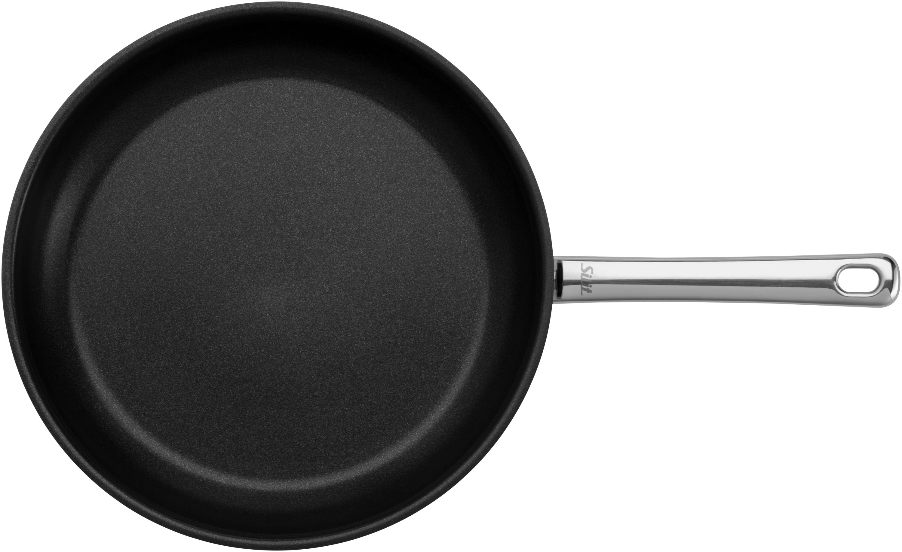 Eine Draufsicht auf eine schwarze Bratpfanne mit silbernem Griff.