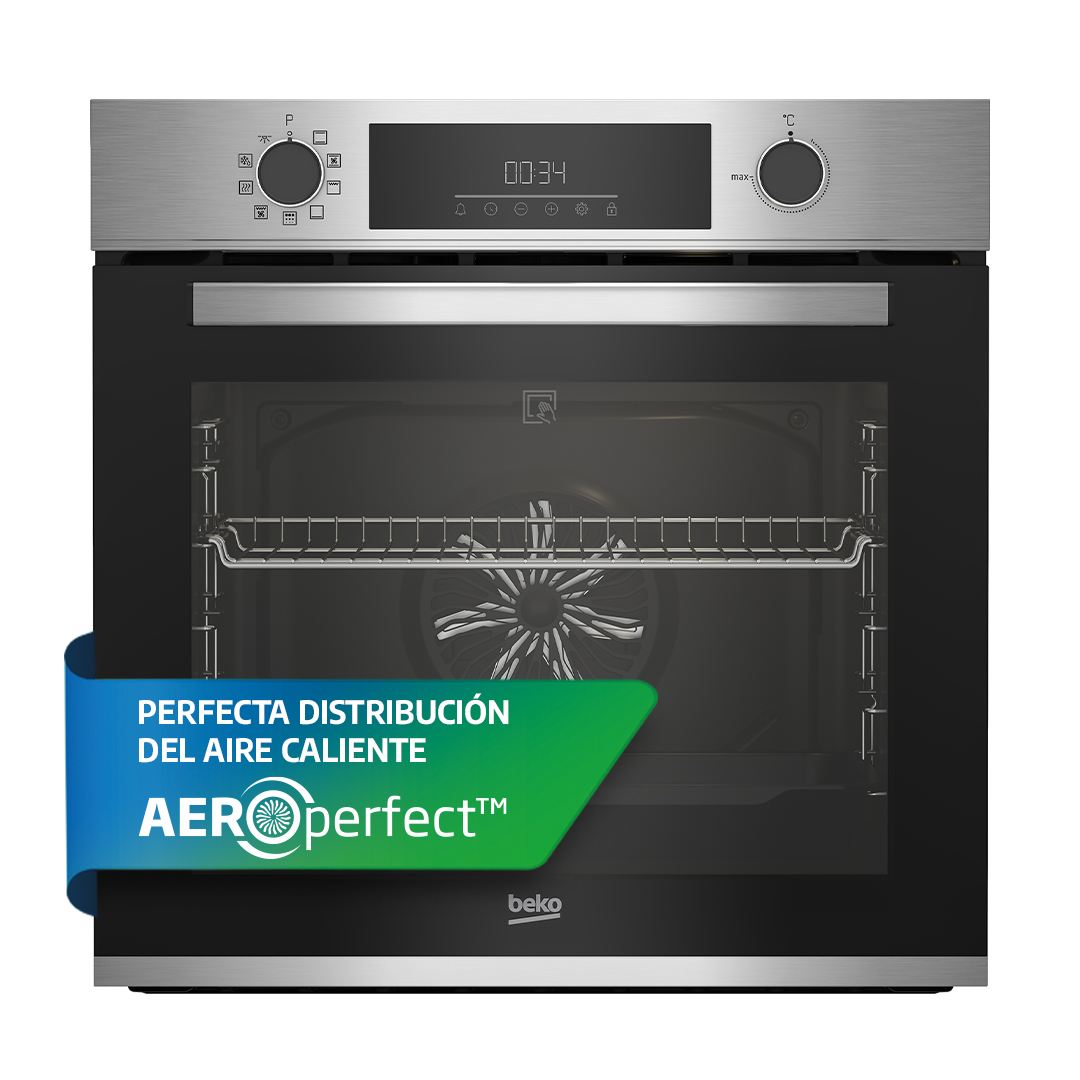 Horno empotrado con puerta abierta. Tiene una pantalla digital y el texto: Distribución perfecta del aire.