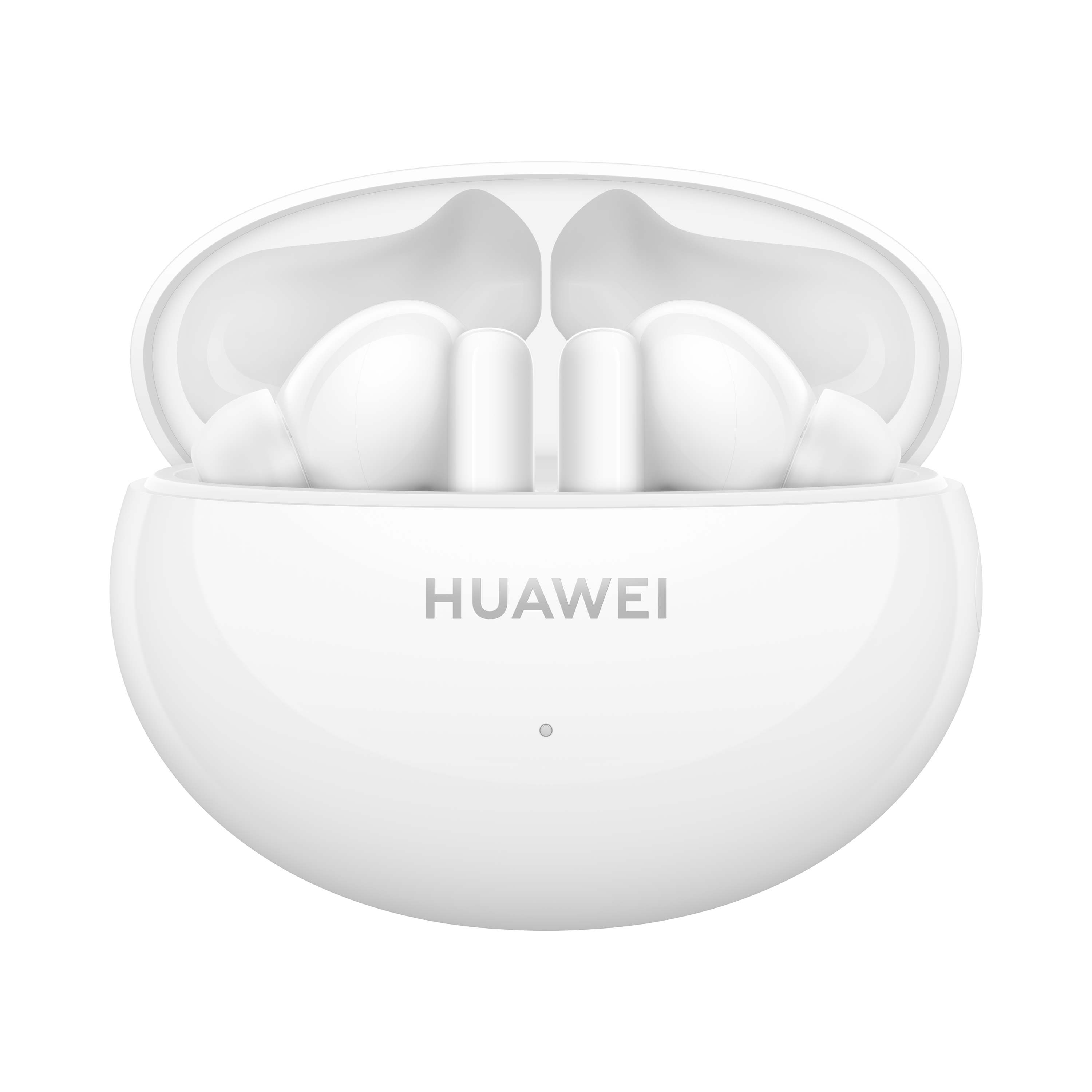 Witte open oordopjescase met oordopjes erin, 'HUAWEI' logo zichtbaar.