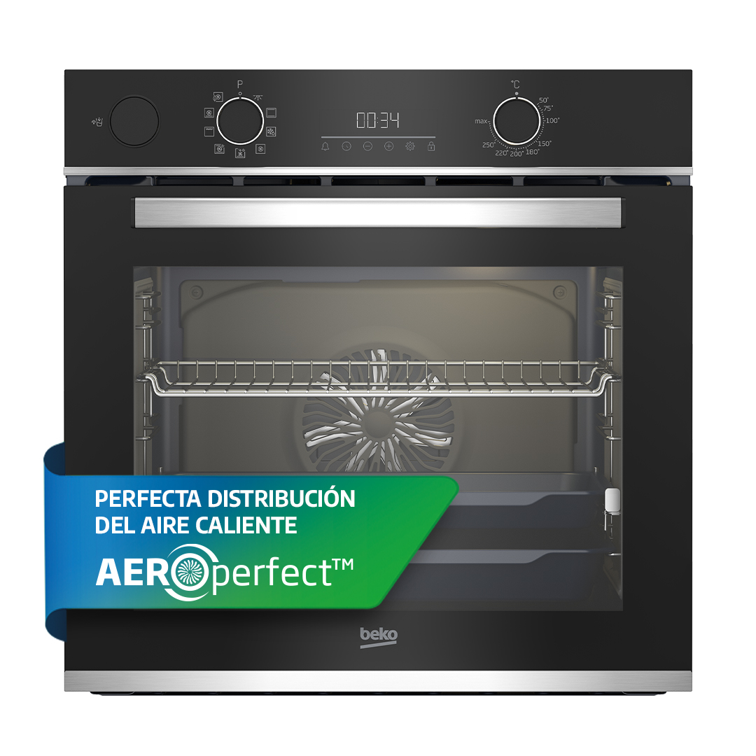 Horno negro con asa plateada. Texto: "PERFECTA DISTRIBUCIÓN DEL AIRE CALIENTE AEROperfect™".