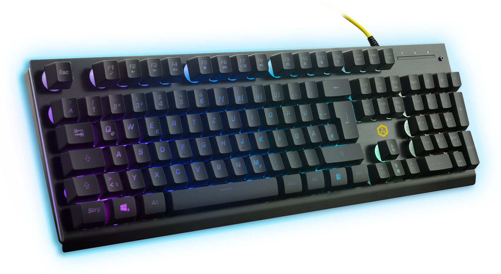 Clavier de jeu noir avec éclairage coloré et câble jaune.