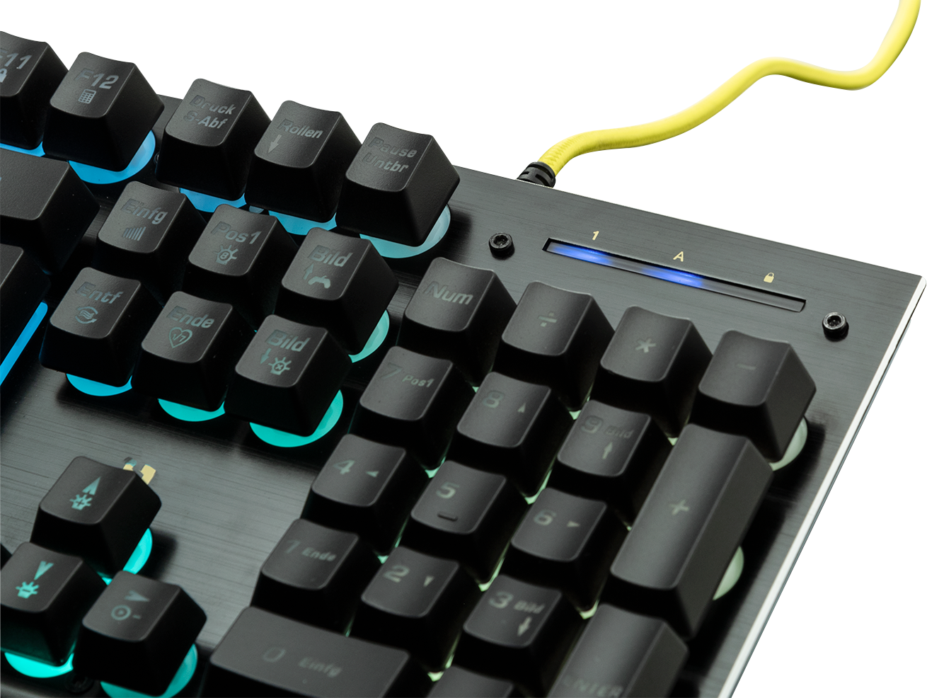 Clavier noir avec touches éclairées, câble jaune et indicateur bleu clair.