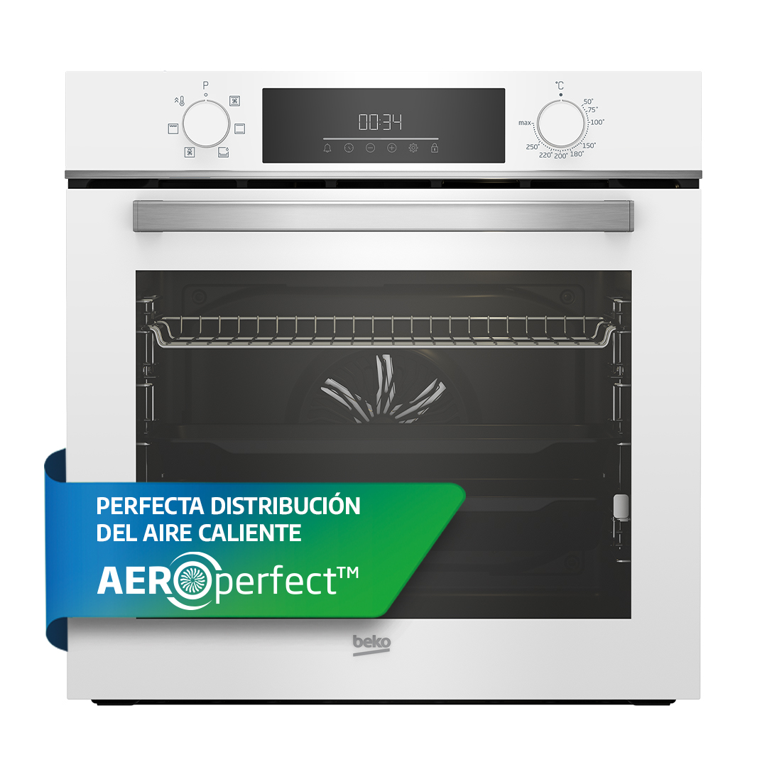 Un horno Beko blanco con pantalla digital y una pancarta azul que dice 'PERFECTA DISTRIBUCIÓN DEL AIRE CALIENTE'.