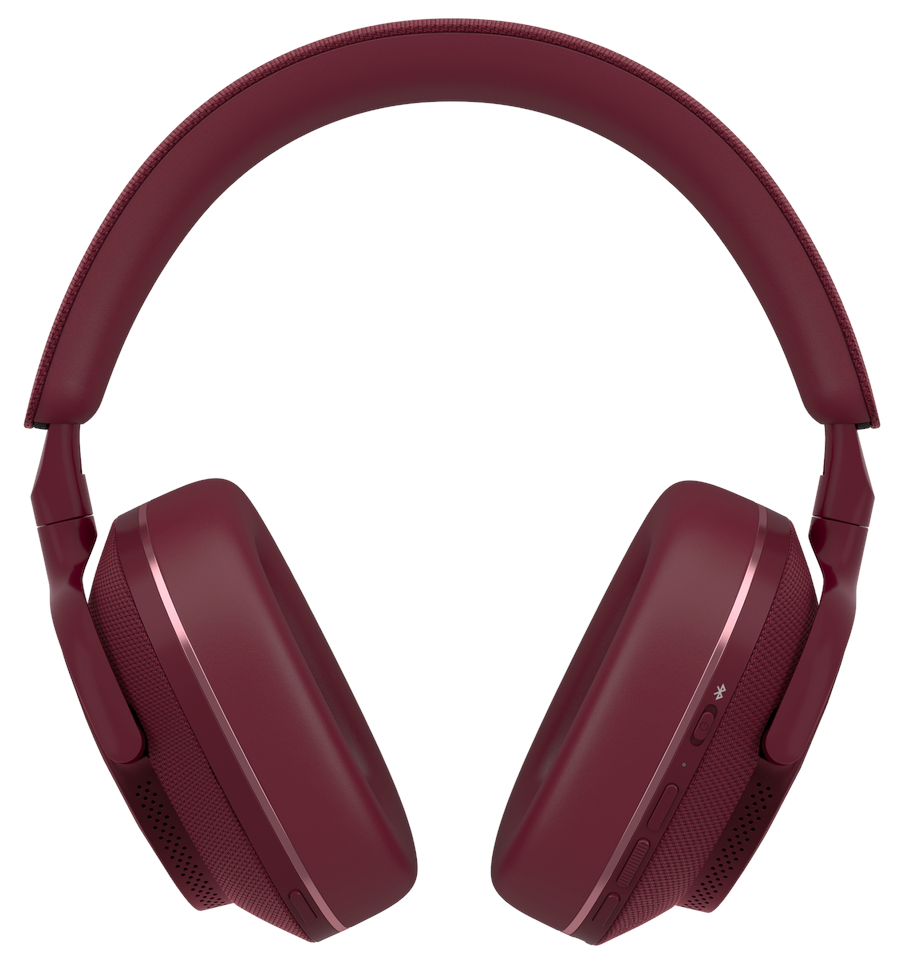 Para bordowych słuchawek z wyściełanym pałąkiem i nausznikami, na białym tle.