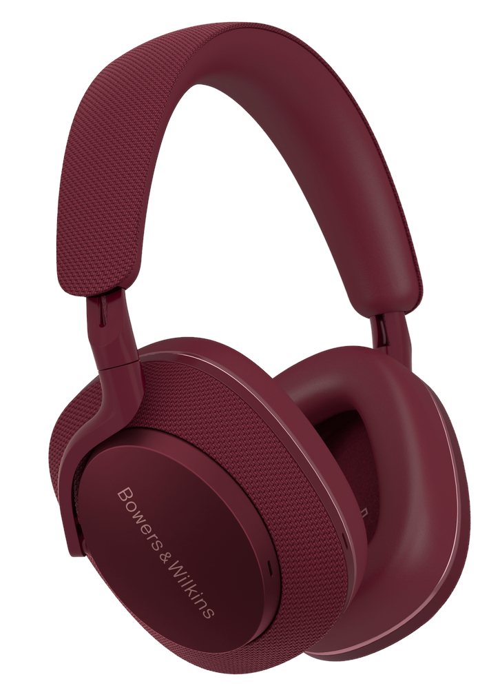 Bordowe słuchawki: marka Bowers & Wilkins, konstrukcja nauszna i białe tło.
