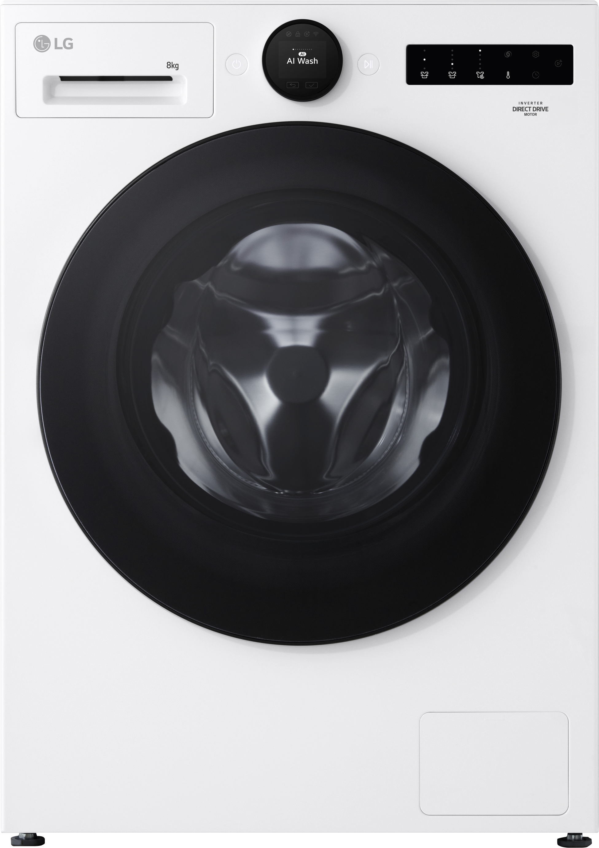 Weiße LG Waschmaschine mit schwarzer Tür und Digitalanzeige.