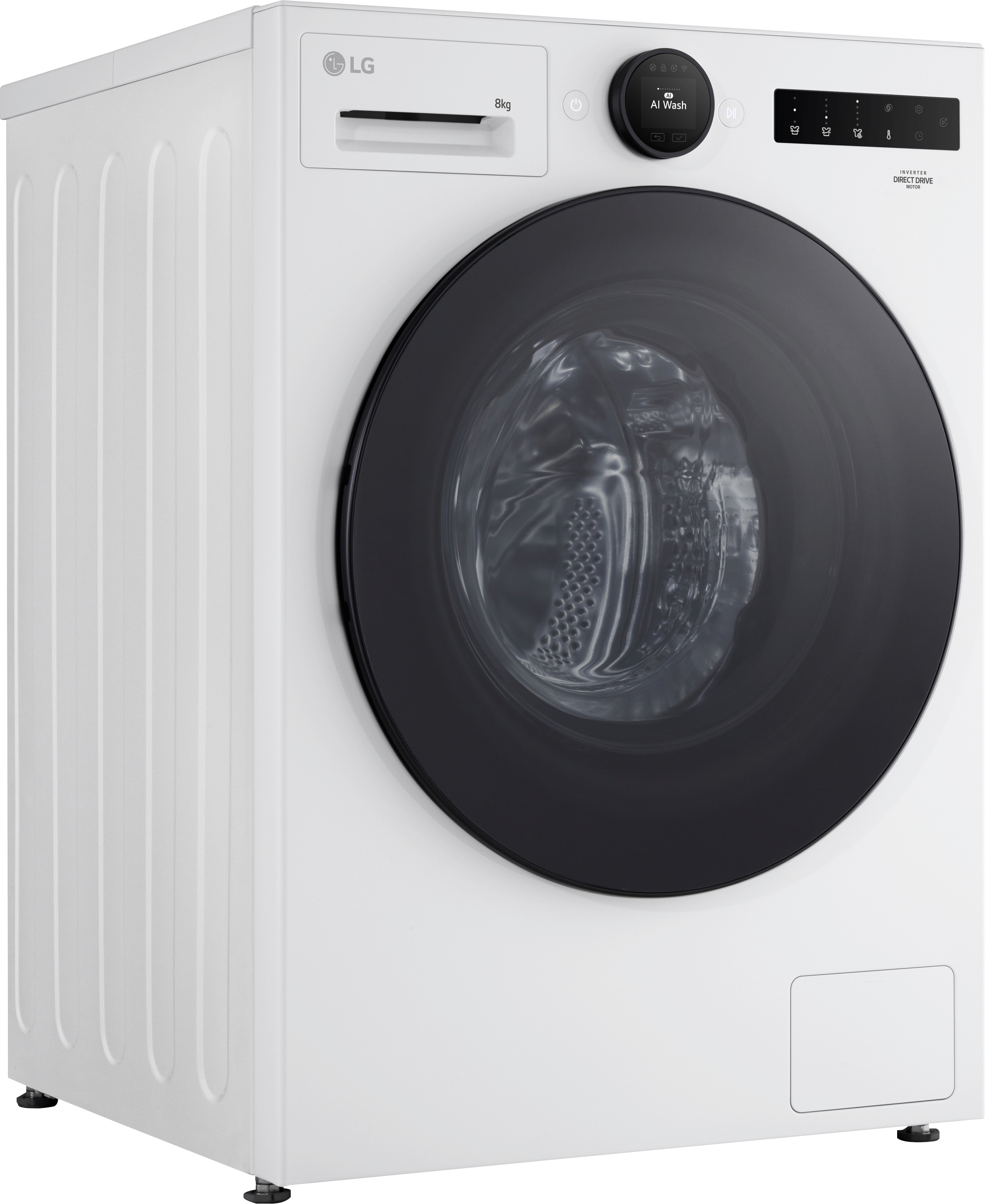 Weiße LG-Waschmaschine mit schwarzer Tür. Weißer Hintergrund.