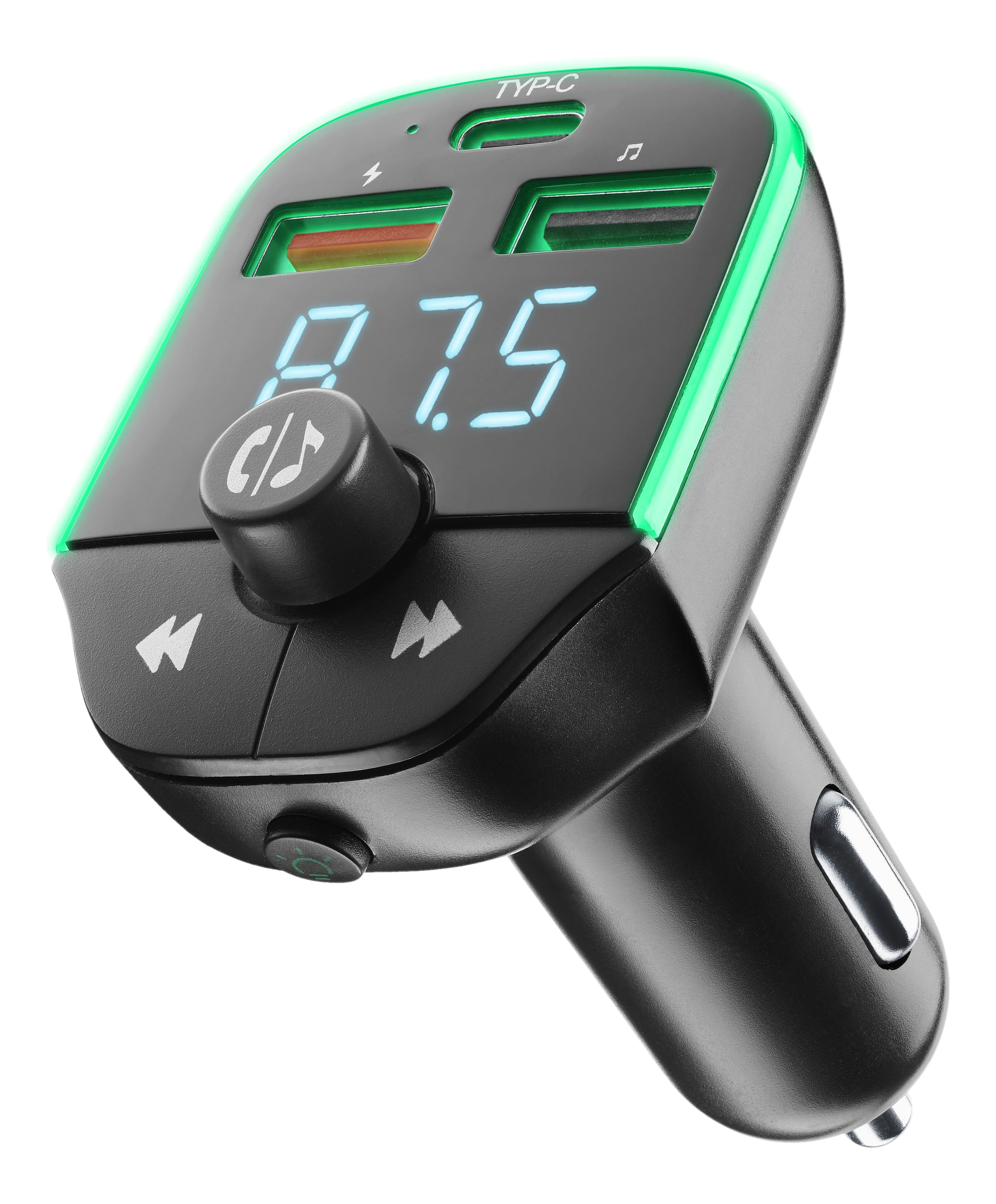 Chargeur de voiture noir avec ports USB et affichage numérique indiquant 87.5.