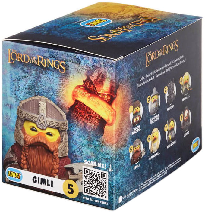 A Gyűrűk Ura TUBBZ doboz. Van benne egy Gimli figura és más GyU karakterek.