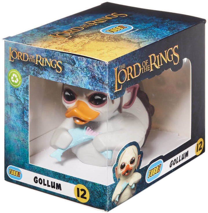 Egy Gollum TUBBZ figura a Gyűrűk Ura témájú dobozban. A dobozon átlátszó ablak van.