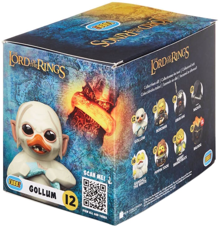 Doboz Gollum figurával. Gollum halat tart. A dobozon a Gyűrűk Ura grafikák láthatók.