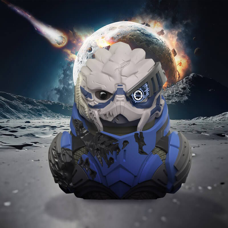 A Mass Effect karakterének játéka, kék páncéllal és futurisztikus sisakkal a holdfelszínen.