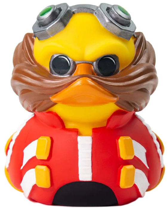 Sárga gumikacsa Dr. Eggman-nek öltözve, szemüveggel és piros kabáttal.