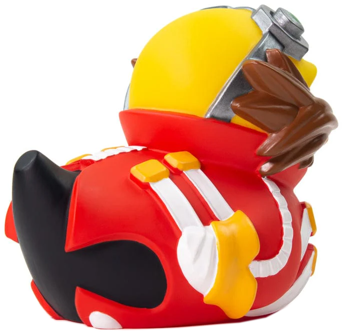 Sárga kacsa játék videojáték karakternek, Dr. Eggman-nek öltözve. Piros öltöny és fekete díszítések.