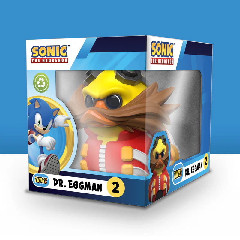 Dobozolt Dr. Eggman figura a Sonic the Hedgehog-ból, kék háttérrel.
